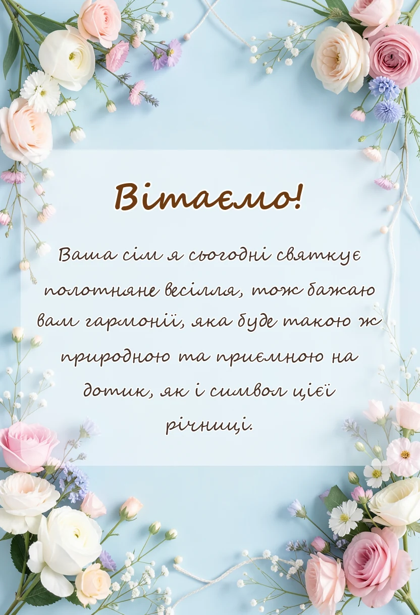 красива листівка: привітання з полотняним весіллям своїми словами