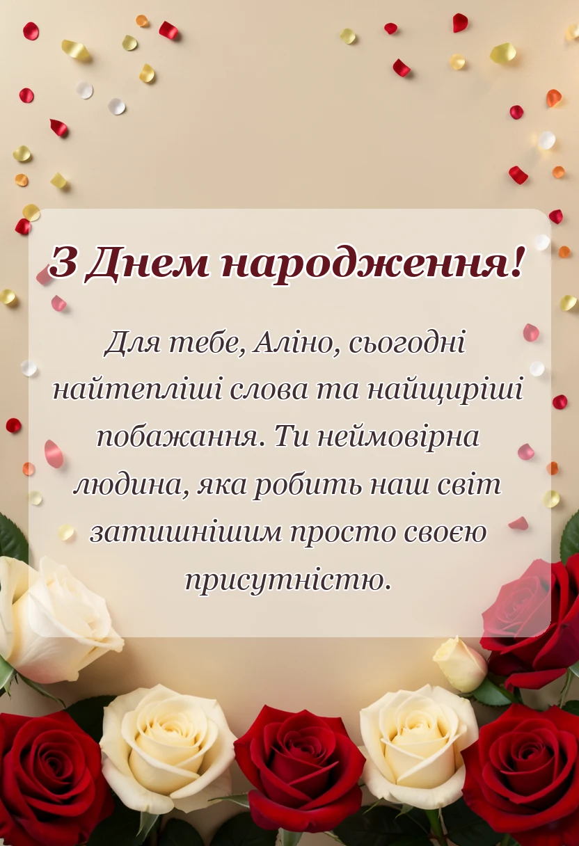 листівка з побажанням - привітання з днем народження аліні