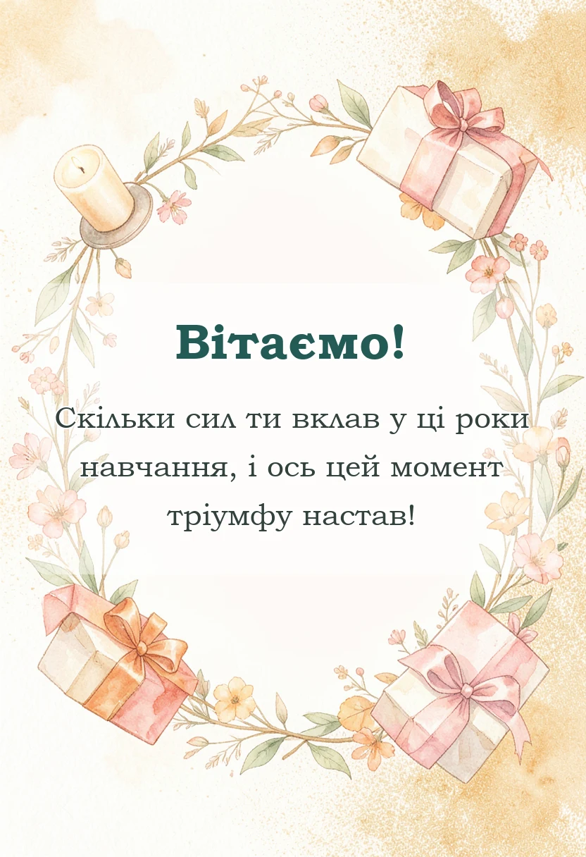 листівка з побажанням - привітання з отриманням диплому своїми словами