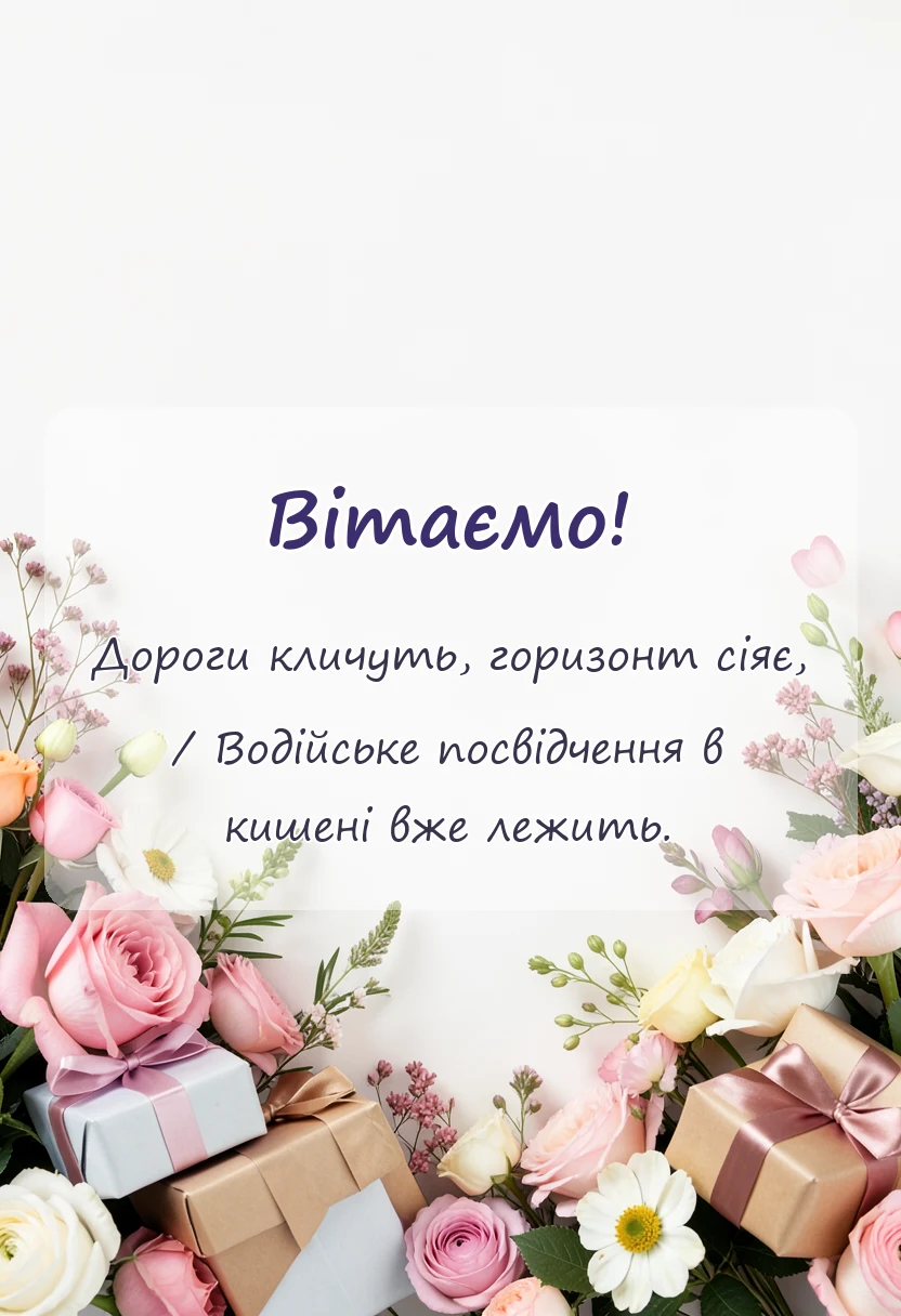 унікальна листівка - привітання з отриманням прав своїми словами і у віршах