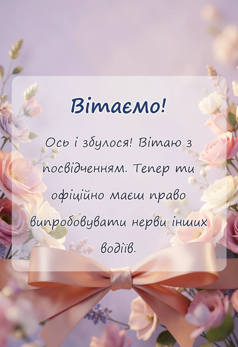 вітальна листівка - привітання з отриманням прав своїми словами і у віршах