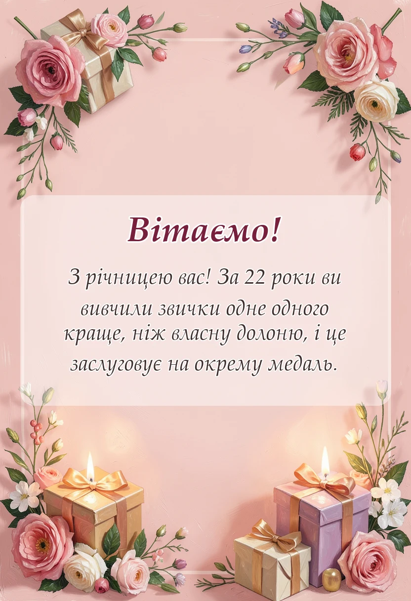 листівка з побажанням - привітання з річницею весілля 22 роки