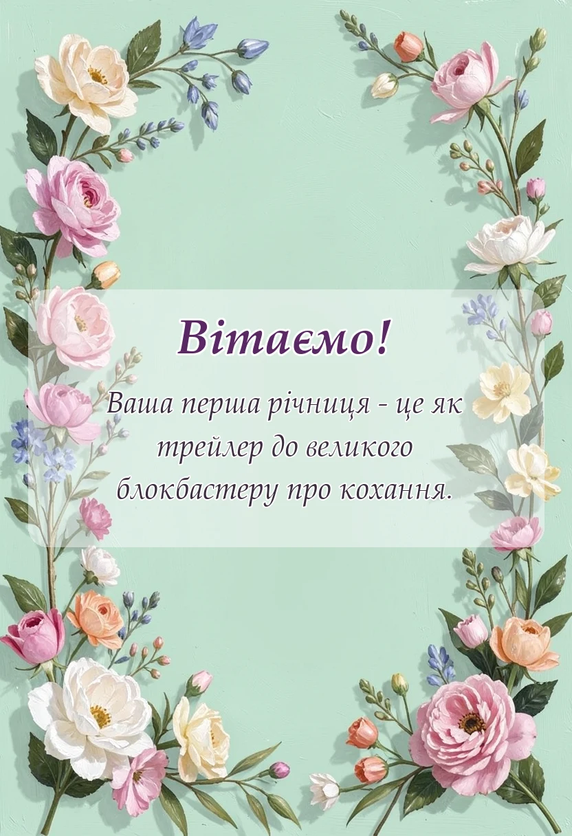 листівка з побажанням - привітання з першою річницею весілля своїми словами