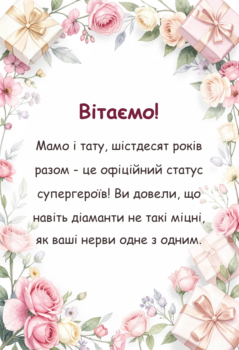 вітальна листівка - привітання з 60 років весілля батькам