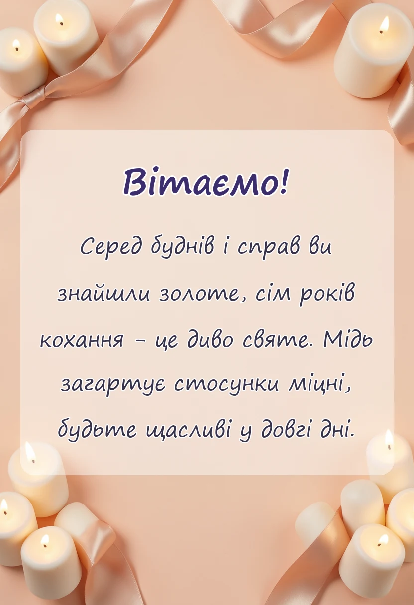 вітальна листівка - привітання з річницею весілля 7 років мідне вовняне весілля