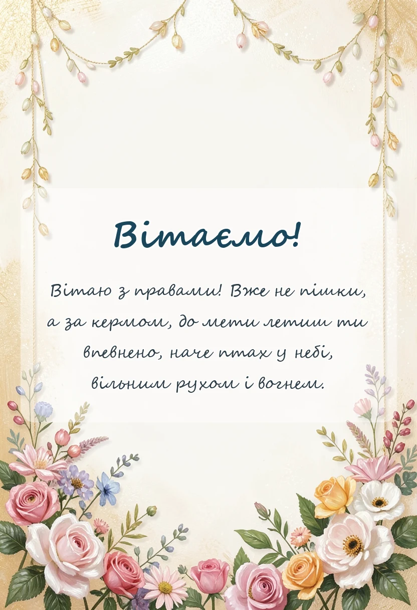 вітальна листівка - привітання з отриманням прав своїми словами і у віршах