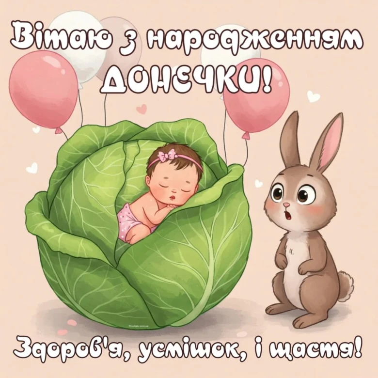 Сонячна дівчинка в капусти та зайчик привітають народження.