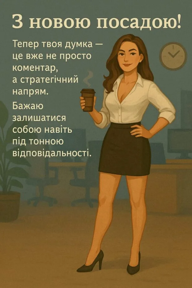 Жінка в офісі з кавою та привітанням про підвищення