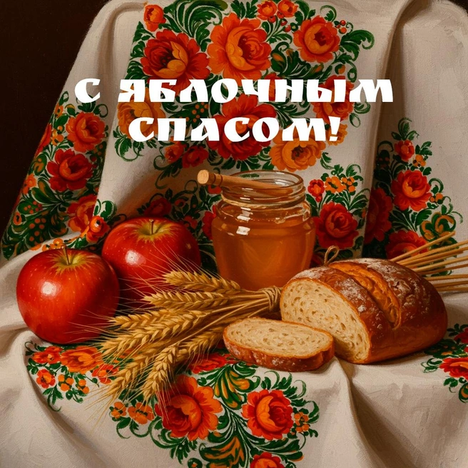 Яблука, хліб та мед на квітковому рушнику з привітанням Спас.