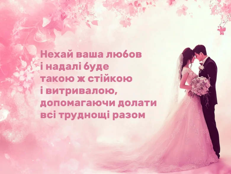 Весільна пара з квітами та привітанням українською.