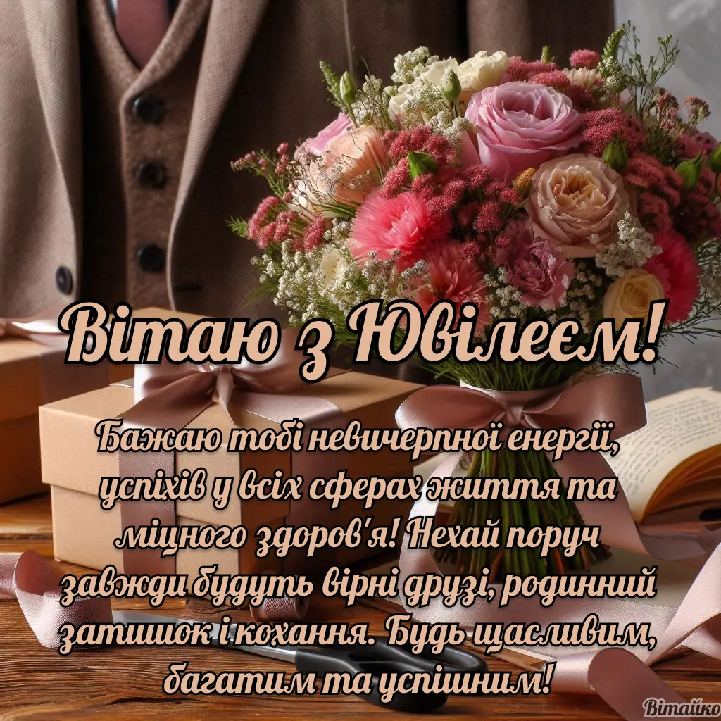 Квіти та подарунки з привітанням на ювілей українською