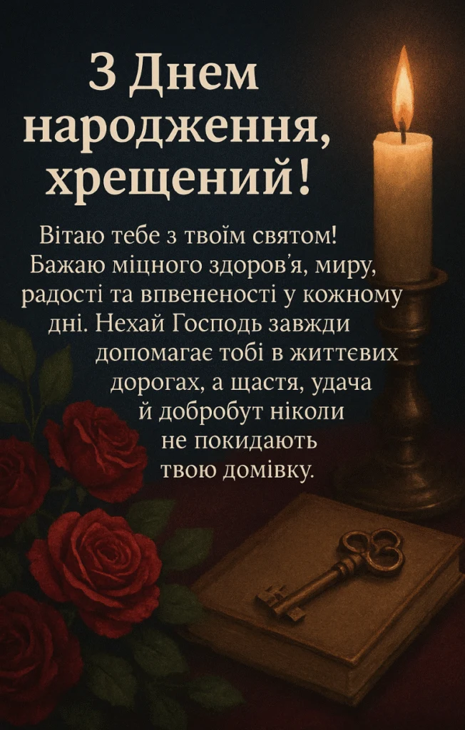 Квіти, свічка та побажання з днем народження українською мовою.