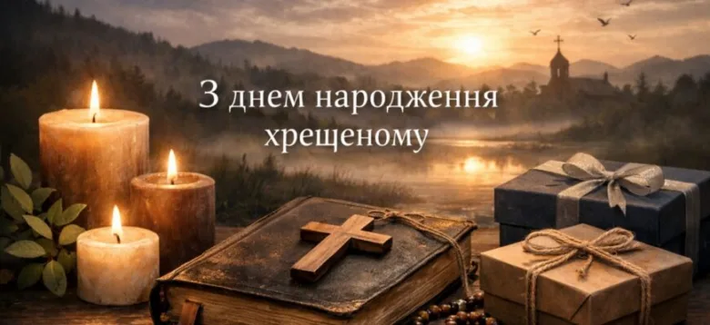 Святочна картка з свічками та хрестом для дня народження.