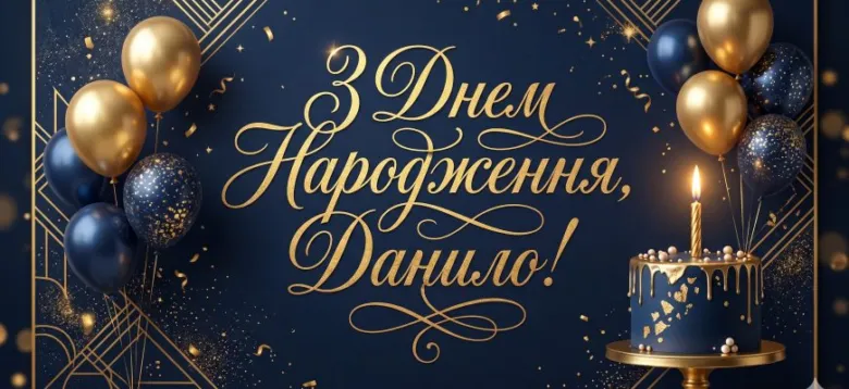 Привітання з днем народження Данило: торт та кульки