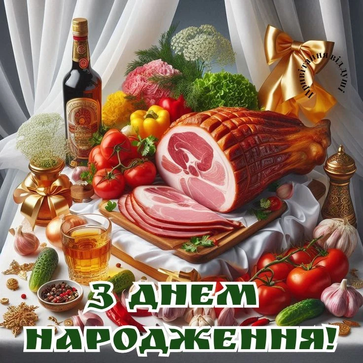 Різна їжа та квіти для привітання з днем народження.