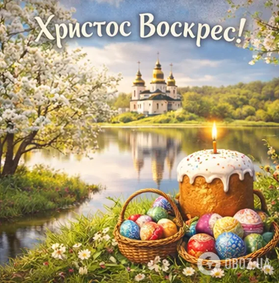Великдень: церква, яйця та паска на березі озера