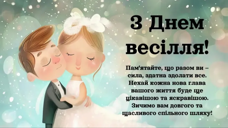 Весільна вітальниця з веселою парою та побажаннями щастя.
