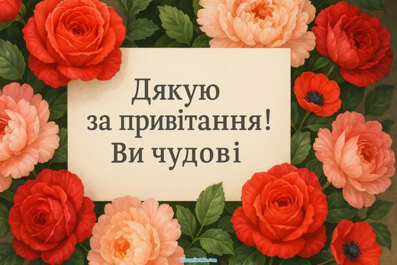 Картка з квітами та українським привітанням за підтримку.