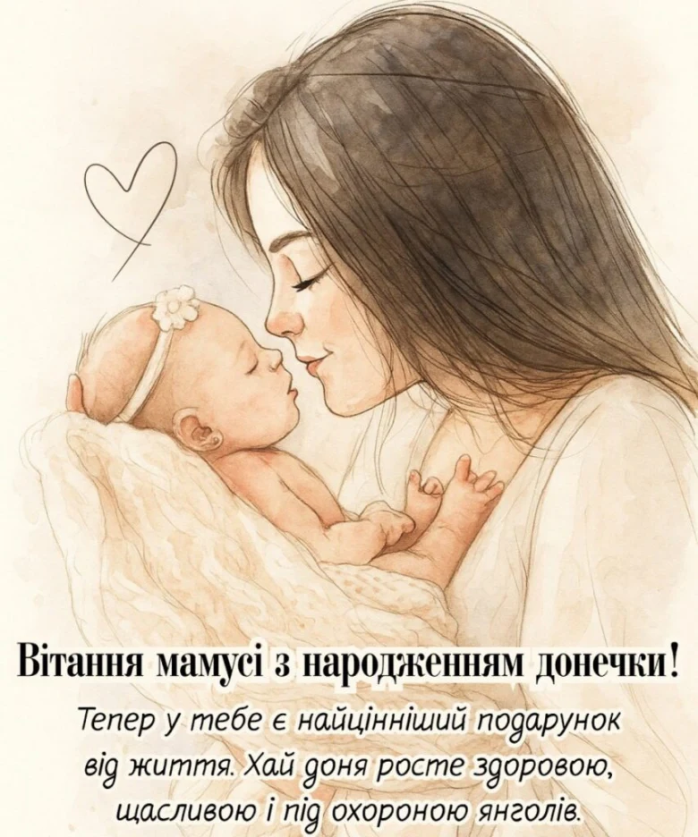 Мати цілує новонароджену доньку з побажаннями здоров'я та щастя.