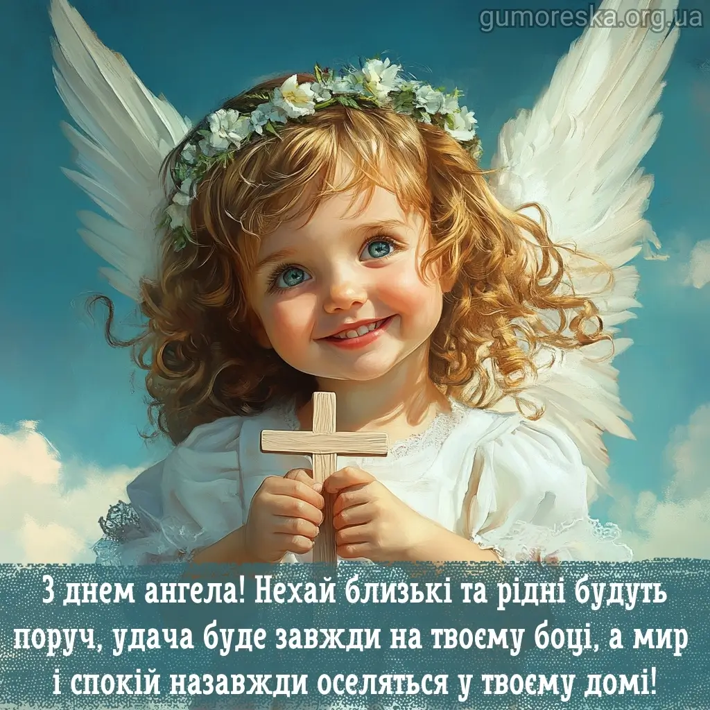 Дитячий ангел з хрестом та квітковим вінком на фоні неба.